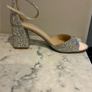 Betsey Johnson Kami Rhinestone Silver Glitter Heels with Ankle Strap